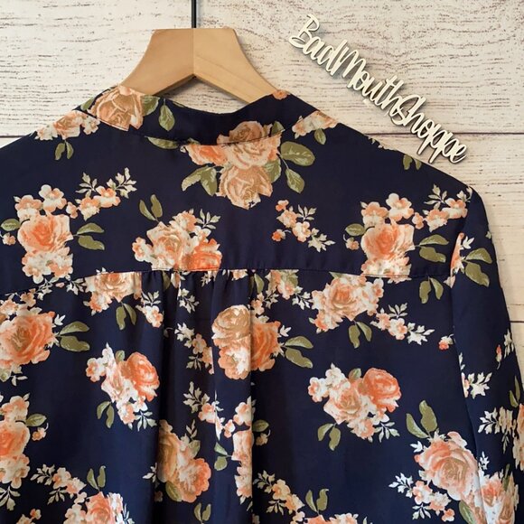 J for Justify Navy Blue and Vintage Floral Blouse Business Top Shirt Plus 1X - Picture 9 of 9